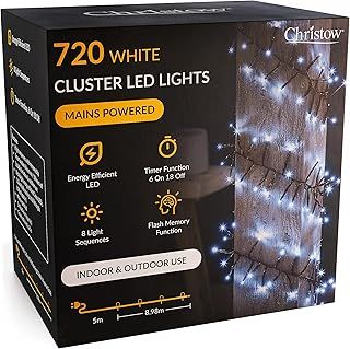 CHRISTOW Cluster Christmas Tree Lights, White LED Fairy Lighting with Timer, Indoor & Outdoor, Mains Operated, 8 Light Modes Flashing & Static, Green Cable (720 LED / 8.98m Lit Length)