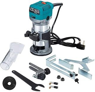 Palm Router Trimmer Woodworking Joiners Tool, Compact Wood Router Hand Trim Router with Trimmer Base, Straight Guide, Trimmer Guide,Template Guide,2 Collets 1/4"(6.35mm) and 3/8" etc.