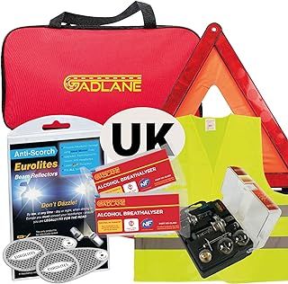 European Car Travel Kit Driving France - Emergency Kit NF Approved Alcohol Breathalysers, Warning Triangle, UK Plate, Hi-Vis Vest, Headlight Adaptors, Universal Bulb Kit - In Zipped Bag