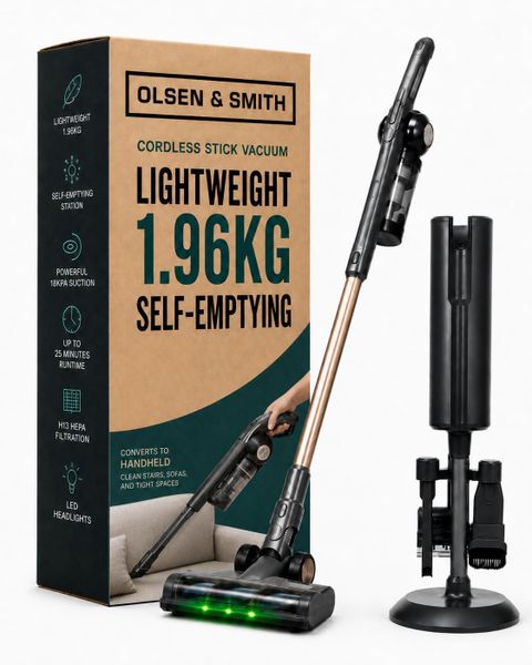 Olsen & Smith Self-Empty Cordless Vacuum Cleaner – Lightweight 1.96kg Stick & Handheld Bagless Hoover, 18kPa Suction, 25min Runtime, H13 HEPA, LED Headlights – Pet Hair, Car & Carpet - Grey