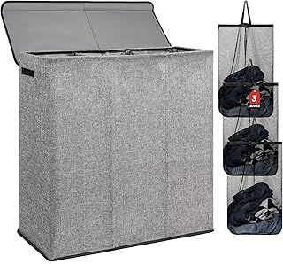 DOKEHOM 180L Laundry Basket with Removable Lid and Laundry Bags, Large Collapsible Laundry Hamper with 3 Sections for Bedroom, Bathroom, Laundry Room, Colloge (Grey)