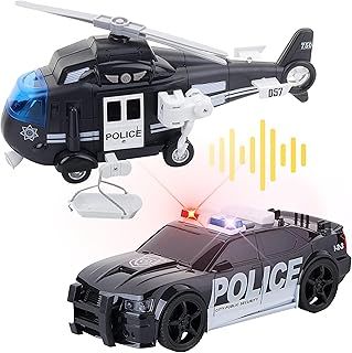 Friction Powered Car Emergency Vehicle Toys Set, Includes Police Car and Helicopter- Lights and Sounds, for Toddlers and Boys. Police Car Toy Lights and Sound. Emergency Vehicle Toy Set,