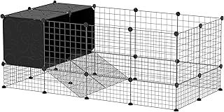 PawHut Rabbit Run, Pet Playpen, Small Animal Cage Enclosure, C&C Cage with Elevated Huts, 31 Panels, for Guinea Pigs, Hedgehogs, for Indoor Use