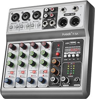 Aveek 5-Channel Audio Mixer, Sound Board Mixing Console with USB Bluetooth Reverb Delay Effect, Input 48V Phantom Power Stereo DJ Mixers for Recording,Live Streaming,Podcasting,Karaoke
