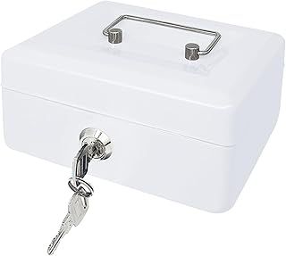 Steel Cash Box with Key Lock, Metal Small Money Organizer with Money Tray,Cash Storage Box with Lockable Cover (White-15 * 12 * 8 CM)