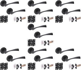 HANDLEZONE® 7 Sets Zena Internal Door Handles on Rose Lever Latch Packs with Ball Bearing Hinges - Black Matt