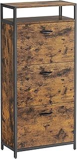 VASAGLE Shoe cabinet, high shoe storage cabinet with 3 folding doors, open shelf, inner divider, in the hallway for 12-18 pairs of shoes, space saving, 60 x 30 x 130 cm, rustic brown and black