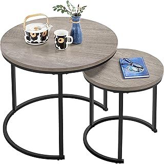 Yaheetech Wood Nesting Table Set, Round End Table with Steel Legs, Industrial Cocktail Sofa Side Table for Living Room/Bedroom/Reception, 60 x 60 x 50.5cm, Gray
