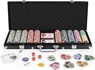 display4top Texas Holdem Poker Chips Set with Aluminum Case,2 Decks of Cards, Dealer, Small Blind, Big Blind Buttons and 5 Dice (500 Piece Chips)