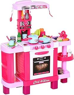 HOMCOM 38 Pcs Kids Children Kitchen Play Set w/Realistic Sounds Lights Food Utensils Pots Pans Appliances Toy Game Pink