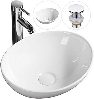 Modern Oval Bathroom Sink Countertop Basin Sink Bathroom Ceramic Vessel Washbasin with Pop Up Waste 400 x 330 x 145mm