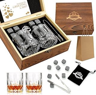 EXREIZST Whiskey Stones, Whiskey Glass Gift Set, Whisky Rocks Chilling Stones in Handmade Wooden Box– Cool Without Dilution – Whisky Glasses Set of 2, Gift for Dad, Husband, Men
