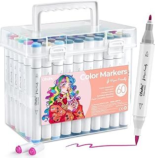 Ohuhu 60 Colours Water-Based Markers: Paper-Friendly Colouring Pens, Dual Tips Brush Pens for Adults Colouring Books, Art Markers for Adults Beginner, Calligraphy Drawing Sketch Journal
