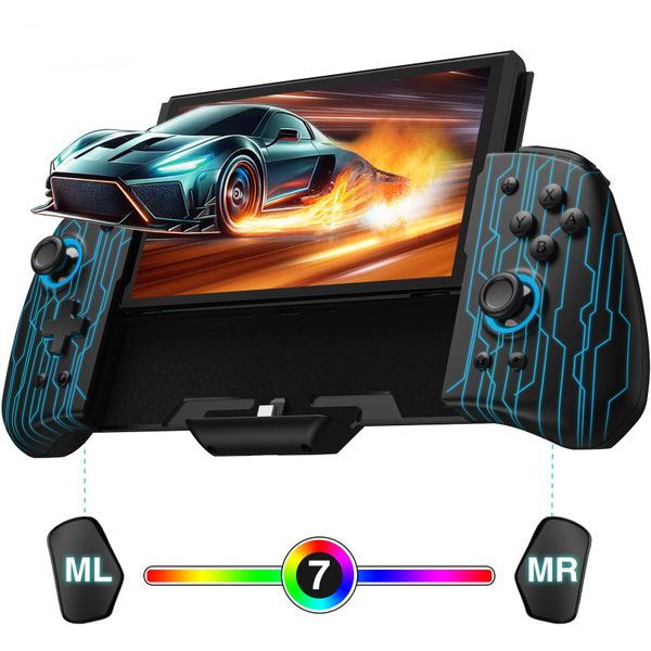 PALPOW Hall Effect Switch Controller for Nintendo Switch/OLED One-Piece JoyPad, Ergonomic Switch Handheld Controller with/RGB/Turbo/Mapped Switch Pro Controller - Blue Stripes