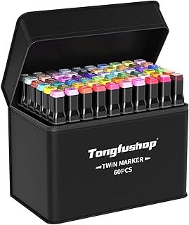 Tongfushop 60 Colored Marker Set, Colouring Pens for Adults, Art Felt Tip Pens, Dual Tip Permanent Alcohol Markers for Drawing, Sketching, Anime, Manga, Fun doodling with Carrying Case & Storage Base