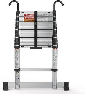 Telescopic Ladder 4.9m, Retractable Aluminium Ladder Soft Close with Hooks, Step 36cm, Suitable for Home Maintenance, Access to The Attic, Construction, etc.