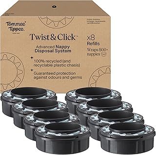 Tommee Tippee Twist and Click Advanced Nappy Bin Original Refill Cassettes, Exclusive Pack of 8, for Easy refill and Great value (pack may vary)