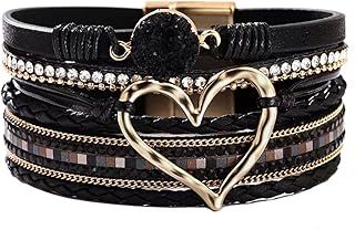 KunBead Jewelry Heart Leather Wrap Bracelets for Women Handmade Braided Boho Multilayer Magnetic Buckle Bracelet Wristband Cuff Bangle Birthday Gifts