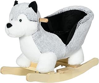 HOMCOM Husky Baby Rocking Horse for Toddlers, Plush Wooden Child Rocking Animal with Sound, Seatbelt, Gift for Ages 18-36 Months, Kids Ride-On Toy for Indoor Use - Grey