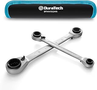 DURATECH 4-in-1 Reversible Ratcheting Box Wrench Set, Double Ring Ratchet Spanner Set, 2-Piece, Metric, 8, 10, 12, 13 & 14, 15, 17, 19 mm, with Roll Pouch