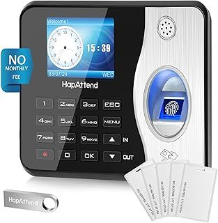 HapAttend Clocking in Machine - Standalone Card Scanner Attendance Machine with 5 RFID Cards, H3 Fingerprint Time Clocks for Employees Small Business Automatic Calculate Hours(0 Monthly Fees)