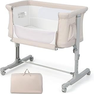 COSTWAY 3-in-1 Baby Bedside Crib, Easy Folding Cot Bed with Mattress, Breathable Mesh Window, Lockable Wheels and Travel Bag, Height Adjustable Newborn Sleeper for Birth to 9kg (Beige)