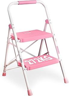 BONTEC 2 Step Ladder, Capacity 272KG with Wide Anti-Slip Pedals, Folding Steel Step Stool, Sponge Handlebar, Lightweight Portable Ladder Suitable for Home, Kitchen, Pantry, Indoor/Outdoor Use, Pink