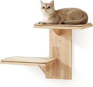 FUKUMARU Cat Wall Shelves, 2 Platform Wall-Mounted Furniture, Tree Shape Floating Shelf With Sisal Mat, Solid Rubber Wood Perch for 16 Inch Drywall, Suitable for Climb, Play, Nap