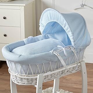 For Your Little One Blue Waffle White Wicker Baby Moses Basket With Mattress