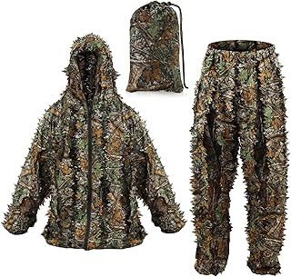 Ghillie Suit, 3D Leaf Hooded Camouflage Uniform Gillie Suit with Storage Bag, Breathable Ghillie Suits for Kids &Adults, Suitable for Turkey Hunting,Photography,Outdoor Game and Halloween
