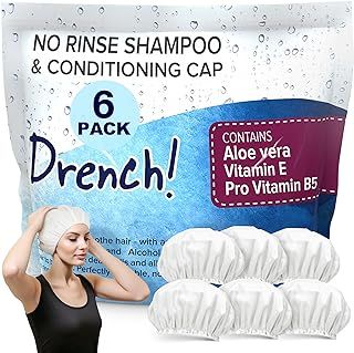 Drench! No Rinse Shampoo Cap (6 Pieces) - Waterless Shampoo and Conditioner Hair Wash Cap - Dry Hair Washing Aids with Aloe Vera and Vitamins Shampoo Caps No Rinse for Elderly