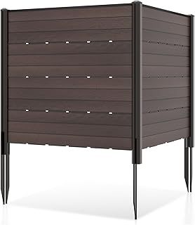 COSTWAY 2 Panels Outdoor Privacy Screen, 120 x 115cm Decorative Fence Trash Can Enclosure with 5 Stakes, HDPE Freestanding Picket Fence Panels for Garden Yard Patio Lawn (White)