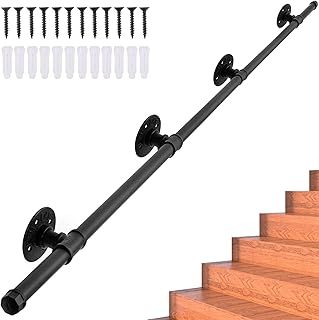 Handrails for Stairs Magtctyae Stairs Handrail 2.45M/8FT Wrought Iron Handrail Black Metal Stair Bannister Handrail Indoor Outdoor Safety Handrails Stair Hand Rails with Fittings for Elderly Child