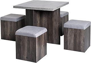 HOMCOM 5PC Dining Set Wooden Set 4 Storage Stools Ottoman w/Cushions + 1 Table Space Saving Design Indoor Kitchen Grey&Wood Grain