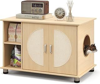 COSTWAY Cat Litter Box Enclosure, Wooden Cat Hidden Washroom with Sisal Scratching Doors, Adjustable Metal Feet, Indoor Cats House Cabinet End Table (with Storage Shelf)