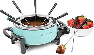 Nostalgia FPS6AQ 6-Cup Electric Fondue Pot with Adjustable Temperature Control 8 Color-Coded Forks, Cool-Touch Handles, Perfect for Chocolate, Cheese, Caramel, Aqua