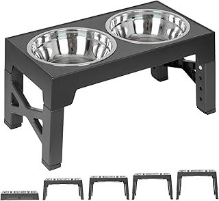 FOREYY Adjustable Elevated Dog Bowls with 2 Stainless Steel Bowls, Raised Dog Bowl 5 Heights (8, 22, 25,28, 31 cm), Non-Slip Dog Food water Bowl Stand for Small Medium Large Dogs(Grey)