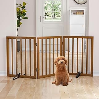 Semiocthome Bamboo Freestanding Dog Gates for Doorways, 2-Panel Indoor Puppy Gates for The House with 2 Metal Stands, 24"(H) Folding Pet Gate for Stairs Expands Up to 36"(W) Walnut