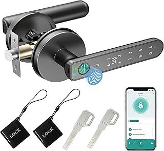Fingerprint Door Lock, 5 in 1 Smart Door Knob with Smart APP/Fingerprint/IC Cards/Password/Backup Keys, Fingerprint Door Knob with Keypad for Bedroom, Office, Apartment, Black