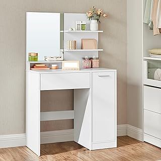 VASAGLE Dressing Table, Vanity Table with Mirror, 1 Drawer, 2 Shelves, Storage Cabinet, Makeup Organiser, White RDT119W01