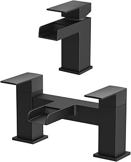 Dakota Bathroom Waterfall Bath Filler Mixer Tap and Basin Tap Set Deck Mounted Square Twin Lever Handle Modern, Matt Black