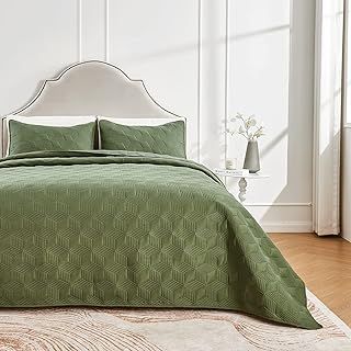 beeweed Quilt Set King Size 3 Pieces, Lightweight Microfiber Diamond Pattern Bedspreads for All Season, Olive Green Soft Summer Coverlet Set with 2 Pillow Shams (King 240x260 CM)