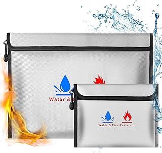 Fireproof Document Bag，Fireproof Money Safe Document Bag 15 x11 & 9x7 Inches Set Non-Itchy Silicone Coated Fire Resistant Bag Fireproof Safe Storage for Money, Documents, Jewelry and Passport