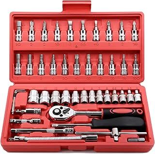 EGOFINE 46 Pieces 1/4" Drive Socket Set&Tool Sets, Ratchet Wrench Set with Bit Socket Set Metric and Extension Bar for DIY, Car Repair and Household with Storage Case