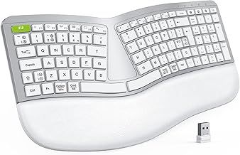 Seenda Wireless Ergonomic Split Keyboard, USB+Bluetooth, Rechargeable with Wrist Rest, for Windows/Mac/Android/iOS, UK Layout, White Silver