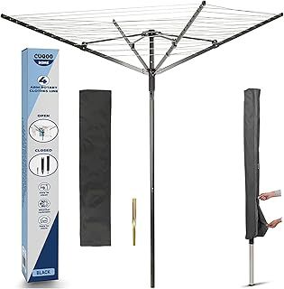 4 Arm Folding Clothes Line in Black – 45m Heavy Duty Rotary Washing Line | Outdoor Rotary Clothes Dryer with Non-Slip Lining, Ground Spike, and Cover - Black