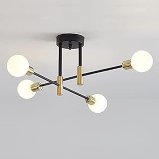 Nordic Sputnik Chandelier Ceiling Light, Vintage 4 Lights Black Gold Semi-Flush Mount Ceiling Lamp E27 Decorative Modern Ceiling Lighting for Living Room Bedroom Dining Room and Kitchen