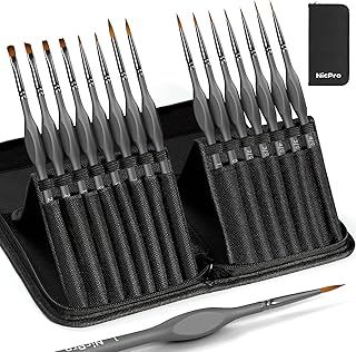 Nicpro 15 Pack Miniature Painting Set, Fine Detail Paint Brushes for Models, Acrylic Watercolour Oil, Ceramic, Shoe, Citadel, Art Figure Paint by Number - Thin Artist Kit Nylon Holder