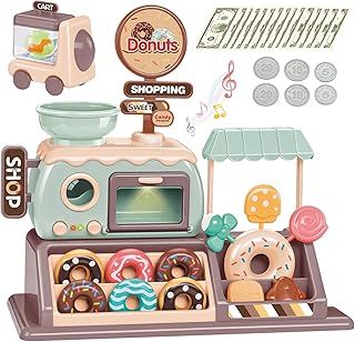 Cash Register Toy for Kids - Pretend Play Fast Food Store & Kitchen with Play Money, Sound and Credit Card - 71 Pcs Play Food Sets Kitchen with Donut Warm Lights and Music, Toy Till for kids Ages 3-8