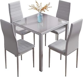 Jooli Glass Table and Chairs Set 4, 75cm Square Table with 4 Faux Leather High Back Chairs Modern Dining Room Sets for Home Kitchen Office, Grey